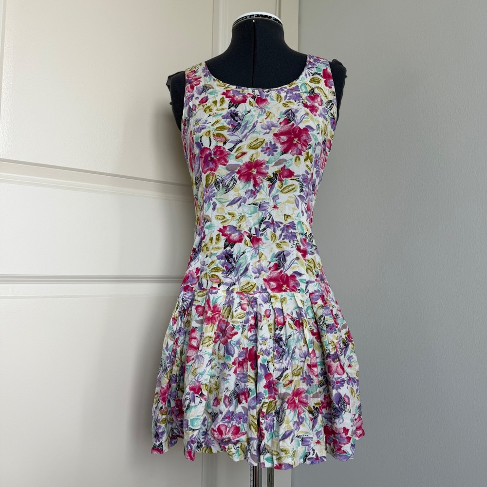 Vintage 90s Y2K Sleeveless Floral Print Drop Waist Mini Dress
